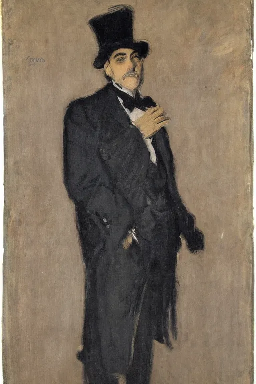 Image similar to portrait of george clooney as a gentleman wearing an edwardian suit and red top hat by walter sickert, john singer sargent, and william open