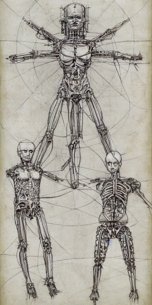 Prompt: full body of Westworld robot anatomy sketch by Leonardo da Vinci, the vitruvian man style, highly detailed, old sketch,
