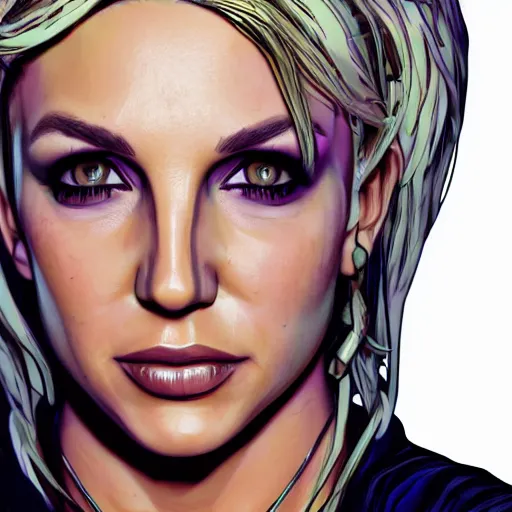 Image similar to britney spears portrait, borderlands, tales from the borderlands, the wolf among us, comic, cinematic lighting, studio quality, 8 k