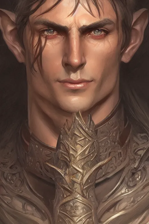 Prompt: up close portrait of a male wood elf, d & d, face, fantasy, intricate, elegant, highly detailed, digital painting, artstation, concept art, smooth, sharp focus, illustration, art by artgerm and greg rutkowski and alphonse mucha