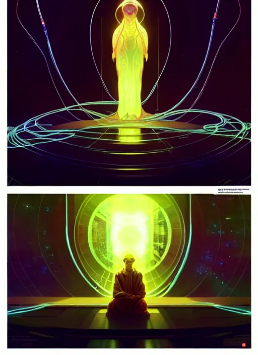 Prompt: high depth, collective civilization knowledge, calm, healing, resting, life, hybrids, scifi, glowing lights!!, published concept art, mixed medias, image overlays, sharp focus, thin glowing wires, winning illustration, art by greg rutkowski and alphonse mucha, singularity!!!, 3 6 0 projection