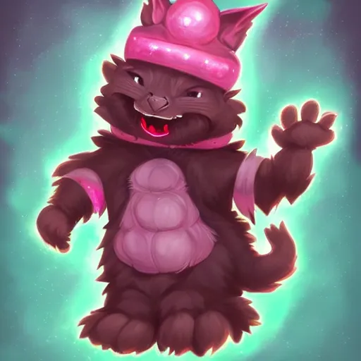 Image similar to A cute black furred dwarf cat person, wearing pink flip flops, laughing maniacally as he casts a magic spell, trending on art station, dungeons and dragons