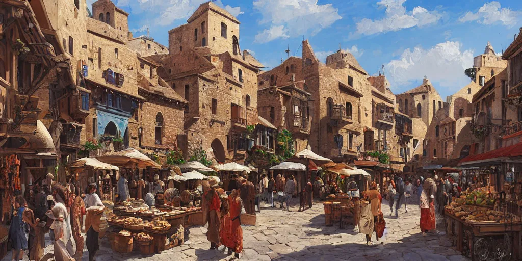 Prompt: a busy medieval Mediterranean street market in the style of Sylvain Sarrailh, Greek islands, old terracotta roofs, narrow streets, stone steps, character design, whitewashed buildings, old port, hanging fabric, bartering merchants, beautiful digital art, cinematic composition, detailed, concept art, Matt painting, oil painting, high res