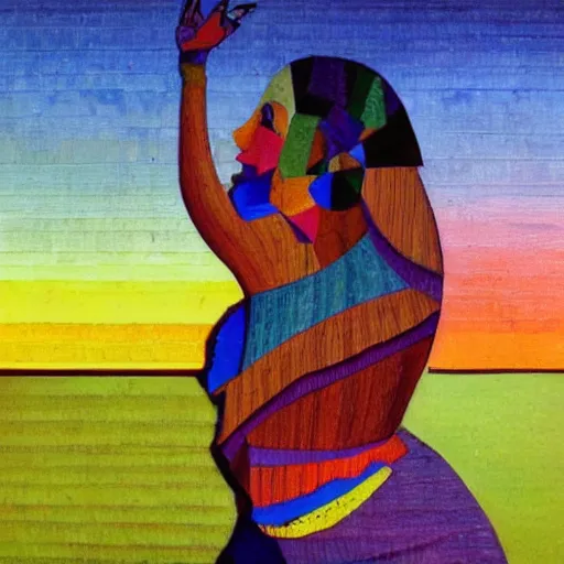 Image similar to fat latin woman dancing, brilliant sunset, cubism, texture, no collage, no pastel