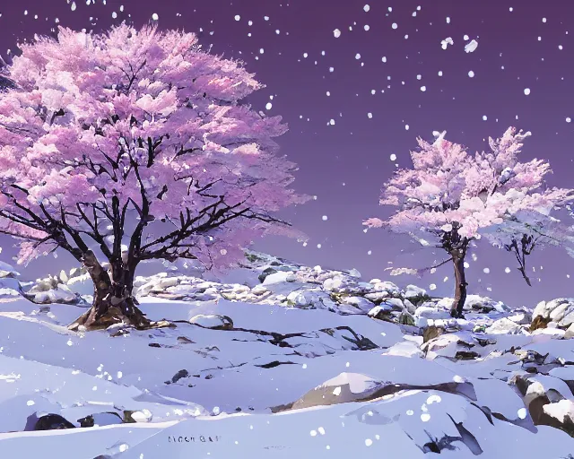 Image similar to snowy rocky field with a sakura tree, petals, cloudy, moodly lighting, snow in wind, illustration, by pine ( ハイネ ) and 薯 子 imoko and 香 川 悠 作 and wlop and maya takamura, highly detailed, trending artstation, pixiv, digital art