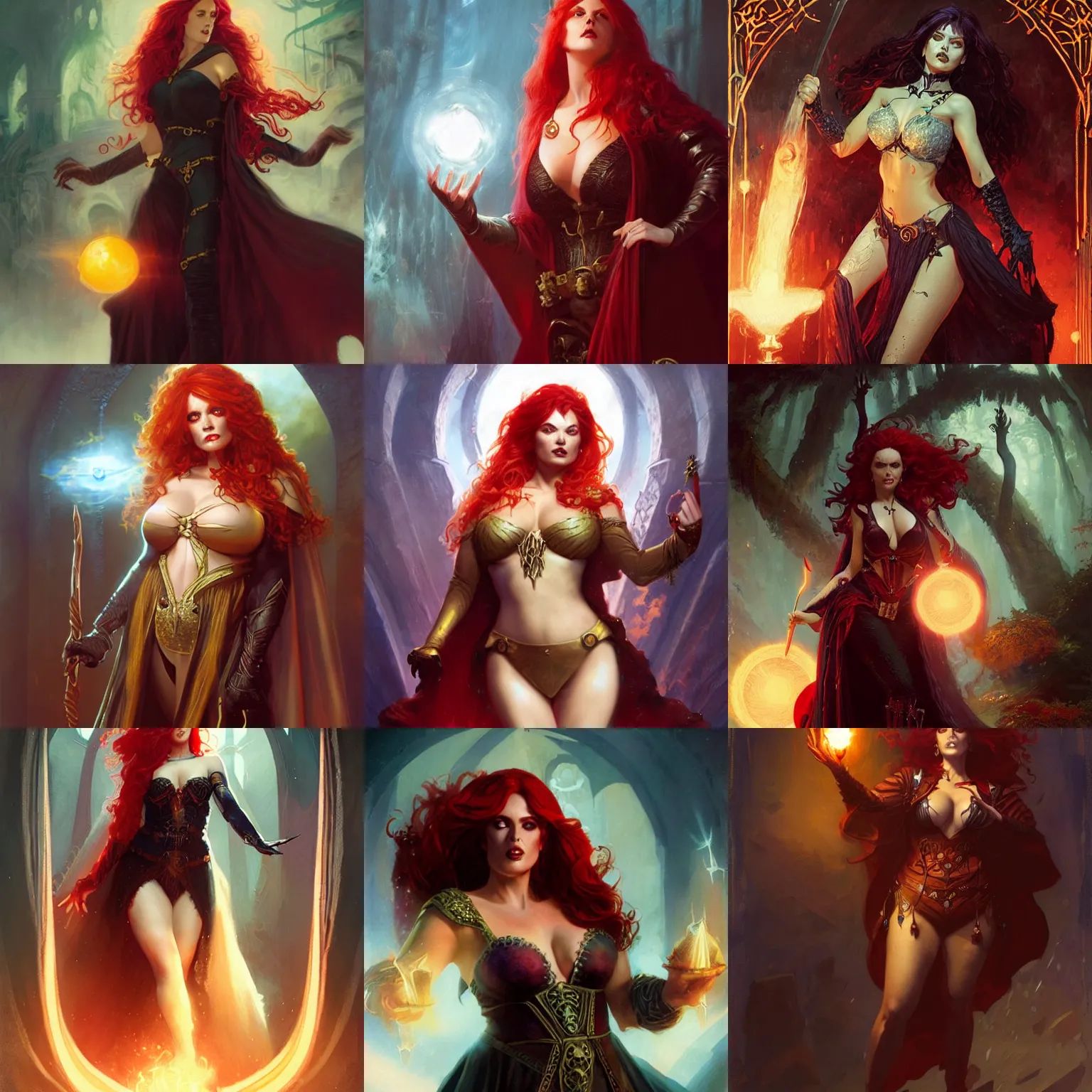 Prompt: a villainous, bewitching, domineering curvy sorceress with a scrying orb, auburn outfit, red hair, fantasy portrait by greg rutkowski, gaston bussiere, larry elmore