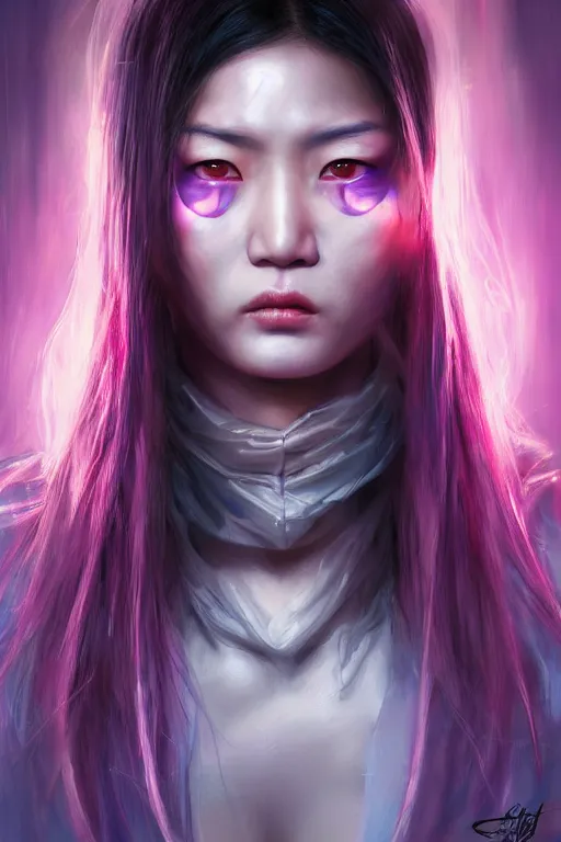 Prompt: stunning highly detailed portrait of a beautiful asian female cyberpunk, angry expression, soft lighting, pastel neon colors, oil on canvas, strong lighting, by glenn fabry, by greg staples, by mandy jurgens, hd, 4 k