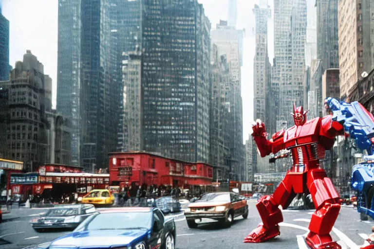 Image similar to optimus prime fighting godzilla in new york city, cinestill,