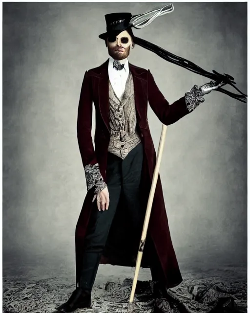 Image similar to Fashion Editorial of actor Jared Leto in an Sandy Powell designed Victorian Era Steampunk dress, wearing a top Hat and holding a Silver Cane, photographed in the Style of Annie Leibovitz