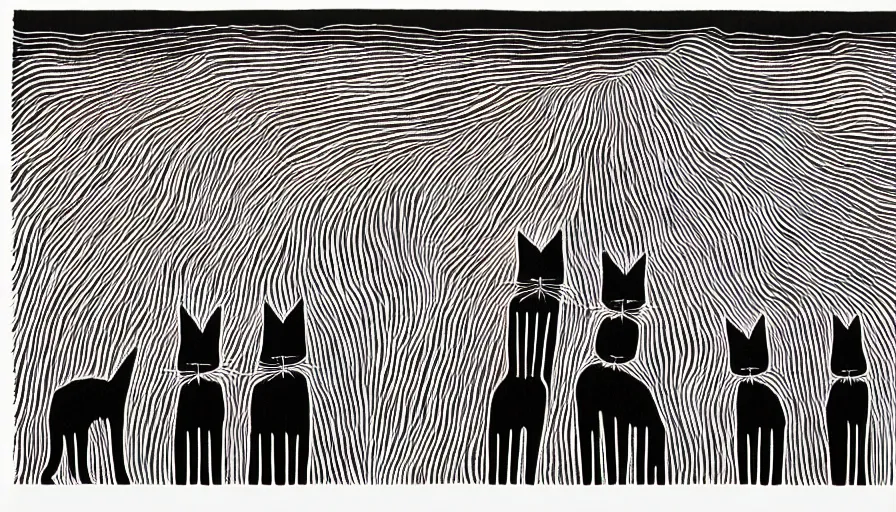 Image similar to artwork of really tall sitting cats by stanley donwood, thick brush, 4 k resolution