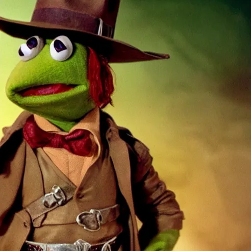Prompt: A still of Kermit as Indiana Jones from Raiders of the Lost Ark. Extremely detailed.