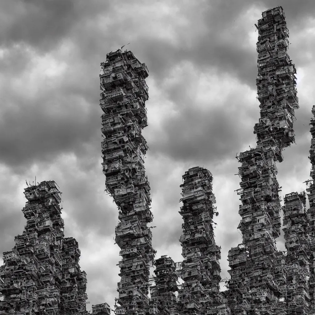 Image similar to close - up towers made up of squatter housing, bleached colours, dramatic cloudy sky, dystopia, mamiya, very detailed, ultra sharp, photographed by ansel adams