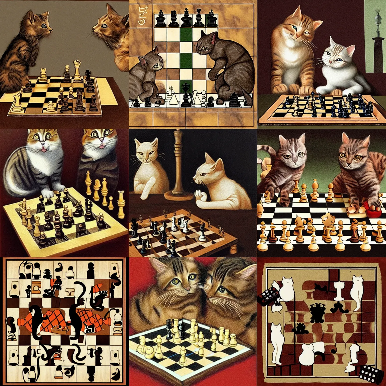 Prompt: two cats playing chess, in the style of Da Vinci