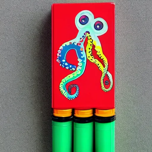 Image similar to crayon box with octopus tentacles creeping out of it