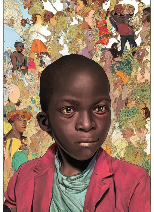 Image similar to colourful upper half portrait of an african boy with proportions in the style of jack davis - presented in magazine collage style, art by hsiao - ron cheng & alphonse mucha, magazine collage, highly detailed, caricature, caricature, digital painting, concept art, ray tracing, illustration, illustration, smooth, sharp focus, intricate, symmetry, pinterest, behance, artstation