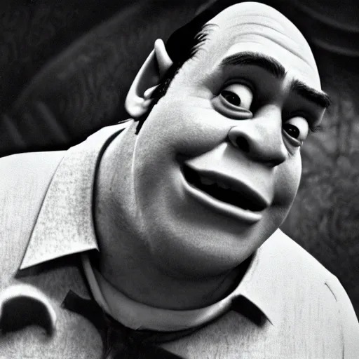 Image similar to movie still, shrek as michael in the godfather, film grain, realistic photo, 1 9 8 0 s, old movie, 1 6 mm