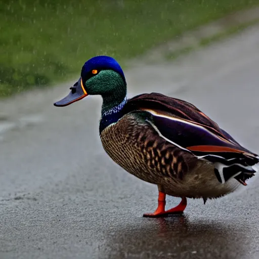 Prompt: a mallard duck crossing the road on a rainy day, dslr, telephoto zoom