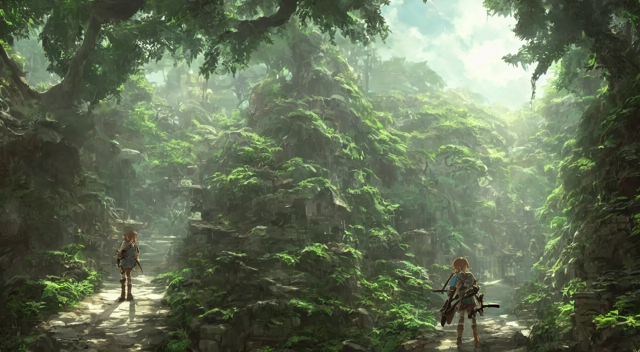 Prompt: animation concept art, Breath of the wild + studio ghibli style, Shinkai Makoto, yoji shinkawa, amazing steampunk alleyway between Japanese temples of Kyoto, mysterious, lush vegetation and fern, rule of thirds, dramatic lighting, landscape, beautiful, gorgeous, hyper detail, 8k, octane render, animated art, cinematic, trending on artstation