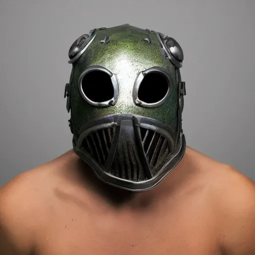 Prompt: cyberpunk frog-mouth medieval helmet