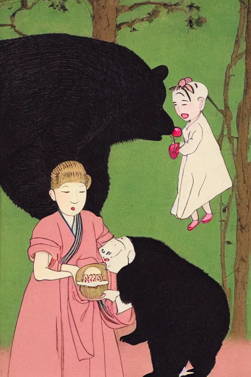 Image similar to a young smiling girl gives a peach to a really large anthropomorphic asian black bear, in the style of foujita tsuguharu