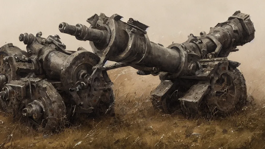Prompt: closeup of howitzer cannon ww 2, watercolored, jakub rozalski, dark colours, dieselpunk, high quality, artstation