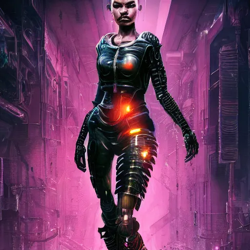 Image similar to tessa thompson full body portrait, dystopia core, gothic armor, warrior, dramatic, sharp focus, cyberpunk, neon, fantasy, hyper detailed, digital art, trending in artstation, cinematic lighting, studio quality, smooth render, unreal engine 5 rendered, octane rendered, art style and nixeu and wlop and krenz cushart