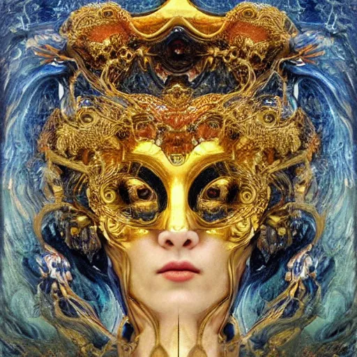 Image similar to Divine Chaos Engine, as a Venetian Carnivale Mask, by Karol Bak, Jean Deville, Gustav Klimt, and Vincent Van Gogh, celestial, visionary, sacred, fractal structures, ornate realistic gilded medieval icon, spirals