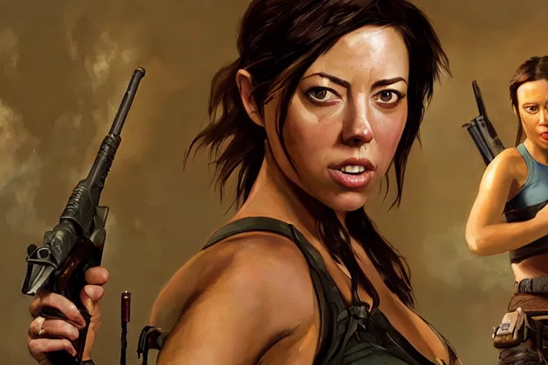 Image similar to film still of aubrey plaza as lara croft, an oil painting by ross tran and thomas kincade