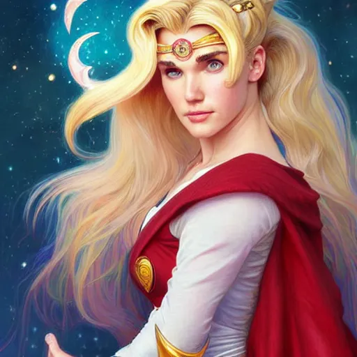 Prompt: Jennifer Connelly with blonde hair as Sailor Moon, western, D&D, fantasy, intricate, elegant, highly detailed, digital painting, artstation, concept art, matte, sharp focus, illustration, art by Artgerm and Greg Rutkowski and Alphonse Mucha