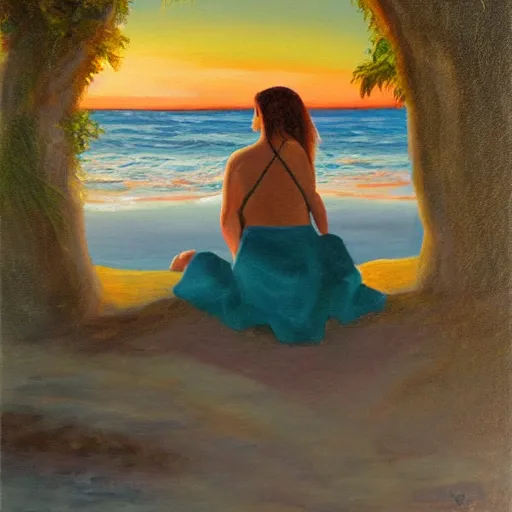 Prompt: nymph sitting by the beach looking at the sunset. oil painting