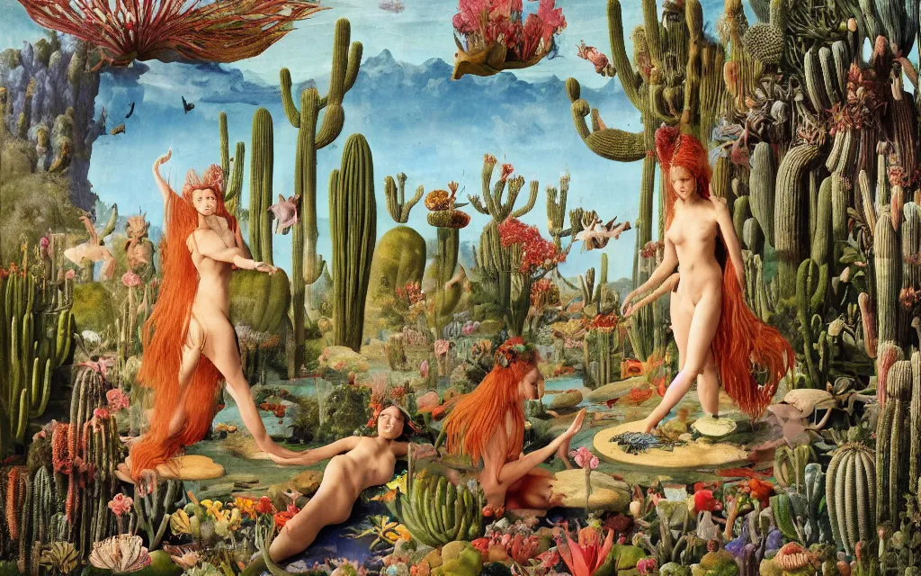 Prompt: a portrait photograph of a meditating mermaid shaman and a centaur prince feeding tropical animals at a wide river delta. surrounded by bulbous flowers, animals, trees and cacti. mountain range under a vast blue sky of burning stars. painted by jan van eyck, max ernst, ernst haeckel and artgerm, cgsociety, artstation, fashion editorial