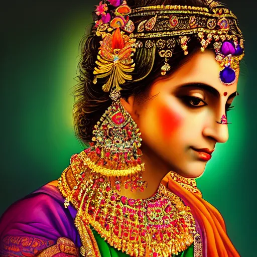 Prompt: portrait photography of indian goddess of the dawn, beautiful woman, elegant, celebration costume, jewellery, highly detailed, hyper realistic, dramatic sky, dawn, pastel, deep gaze, pretty face, glowing, in the style of caroline mackintosh