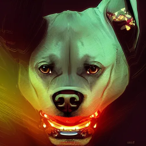 Prompt: an amazing glitchart portrait of a cute mad pitbull. intricate, epic lighting, cinematic composition, hyper realistic, 8 k resolution, unreal engine 5, by artgerm, tooth wu, dan mumford, beeple, wlop, rossdraws, james jean, marc simonetti, artstation