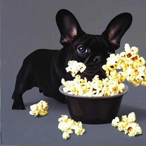 Image similar to french bulldog eating popcorn, in the style of tomma abts