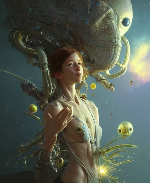 Image similar to portrait of a alien insect, adorable, childlike, milky way environment, ultra realistic, concept art, intricate details, cheerful, highly detailed, photorealistic, octane render, 8 k, unreal engine. art by christopher marley and artgerm and greg rutkowski and alphonse mucha