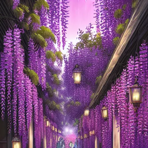 Image similar to japanese wisteria alley lanterns glow at night, vivid color, highly detailed, digital painting, artstation, concept art, matte, sharp focus, impressionnisme, art by james jean