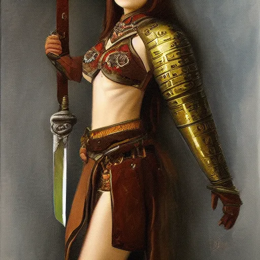 Image similar to oil painting of a jade sword hanging from the belt of a girl knight, hyperrealistic painting, deviantart, baroqe