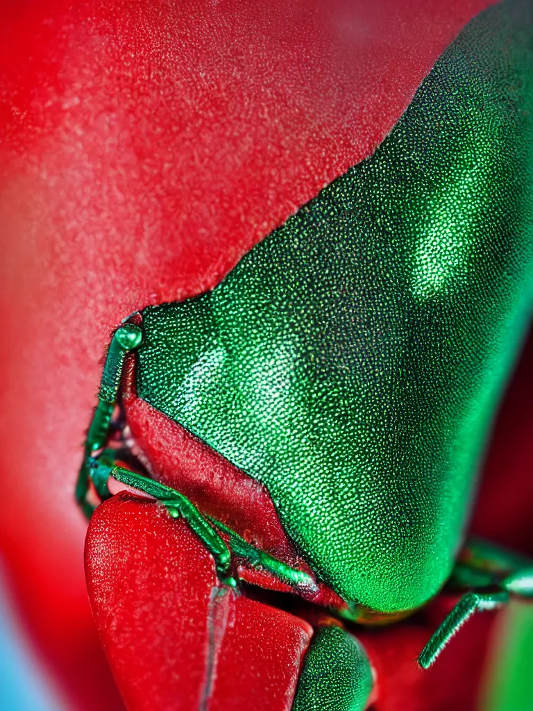 Prompt: subsurface scattering. close - up shot of a beautiful red white and green beetle. insect eyes. complementary color scheme. studio photography high quality highly detailed award winning photograph by national geographic. lynda benglis soft volumetric light, smooth gradient.