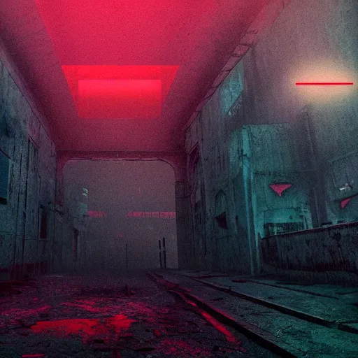 Prompt: silent hill foggy synthwave town ruins neon red and blue shadows dark scary giant evil scary red pyramid head covered in glowing runes lens flares shadow distortion cyberpunk splatterpunk 8 0 s nightmare