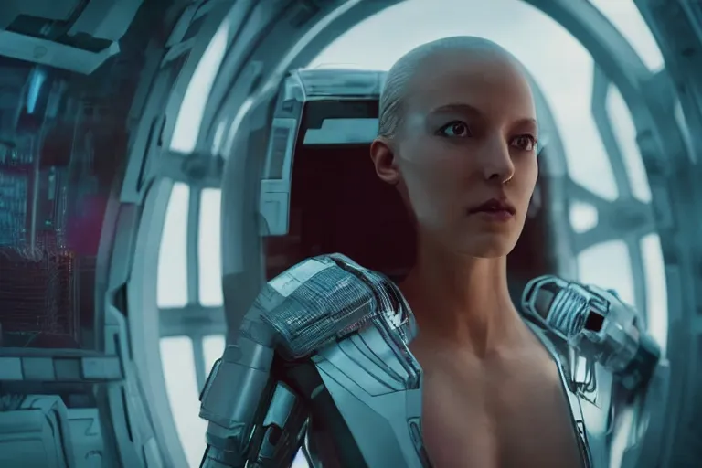 Image similar to VFX movie of a futuristic space woman model gorgeous portrait in inhuman future spaceship, cyberpunk dress, beautiful natural skin natural lighting by Emmanuel Lubezki