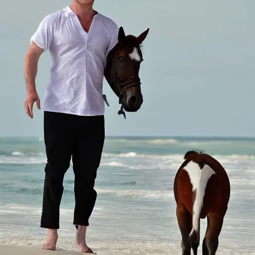 Image similar to michael c hall as dexter morgan riding a mini horse on the beach in miami