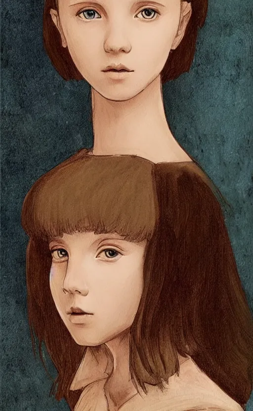 Image similar to millie bobby brown painted by leonardo da vinci in an anime style