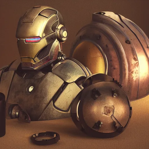 Prompt: A still life of a rusty robot, Pieter Claesz, William James Glackens, ((chains)), ((gears)), helmet, Iron man, (Unreal Engine), Octane render, ((mountain background)), ((rocks))