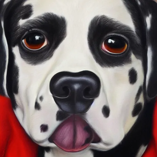 Prompt: A portrait of female Dalmatian dog as Frida Kahlo, oil painting, hyper realistic,