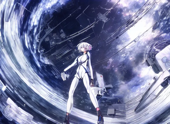 Image similar to This is a digital art piece by Yoshiyuki Sadamoto that is trending on artstation. It is a 8K UHD image of Rei Ayanami, a female anime character, inside a space station with technological rings. She is shot from the ground by Yoshiyuki Sadamoto. The environment is a concept design and the art is hyper realistic with intricate details.