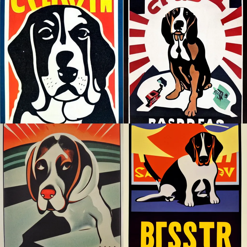 Prompt: cold war propaganda poster featuring a basset hound, 1960s, propaganda