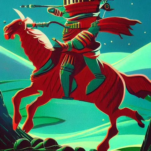 Prompt: beautiful ultra detailed painting of a knight riding a green creature on the surface of mars by eyvind earle, starfield background, vibrant colors, concept art, high quality, masterpiece
