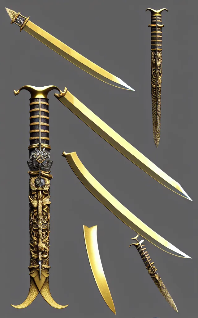 Image similar to very large detailed long sword, proportional image, clean background, 3 d octane render, blade, sharp, gold, gems,