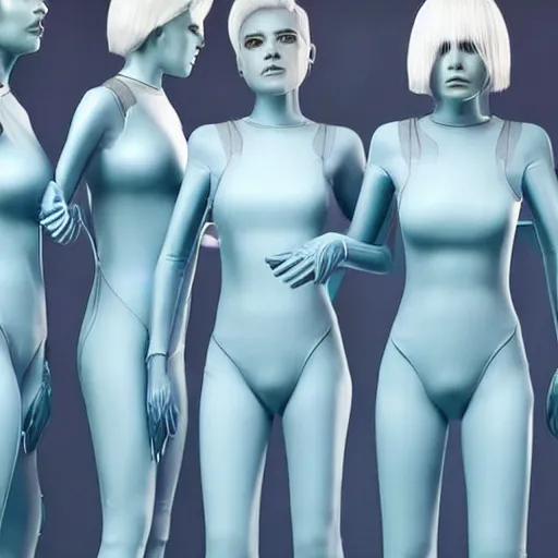 Image similar to troop of cloned women with white bob hairdos, tight light blue neopren suits, futuristic cloning facility, sci - fi, highly detailed, cinematic