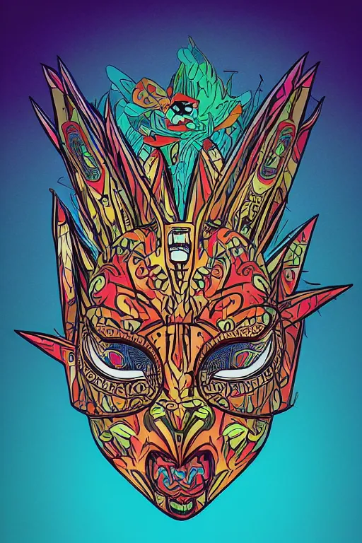 Image similar to animal mask totem roots flower tribal feather gemstone plant wood rock shaman vodoo video game vector cutout illustration vivid multicolor borderlands comics by josan gonzales and dan mumford radiating a glowing aura